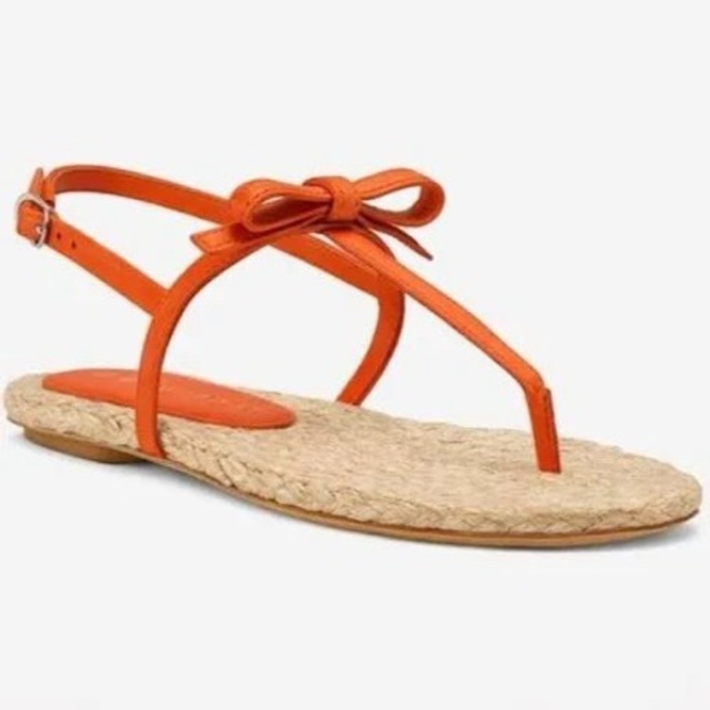 Stuart Weitzman Women Orange Suede Bow Raffia Thong Sandals Flat Size 11